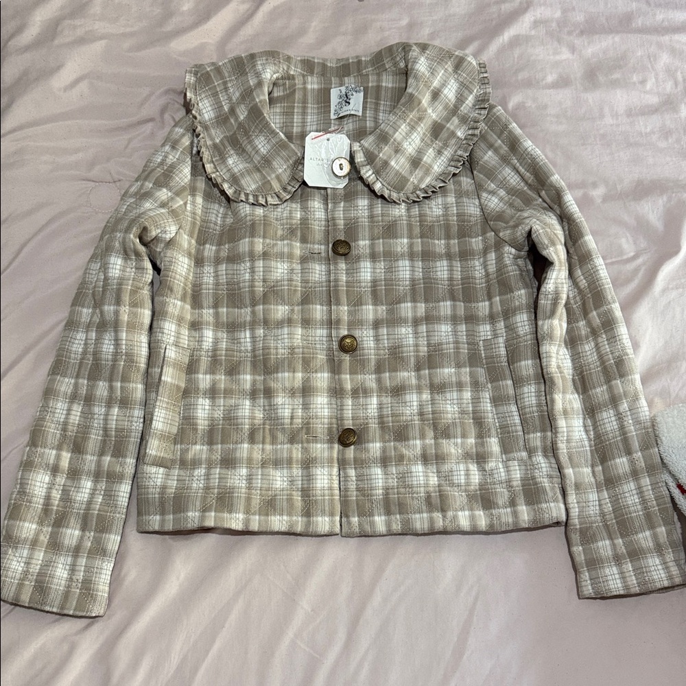 Altar'd State Plaid Puffer Jacket in Brown and Cream
